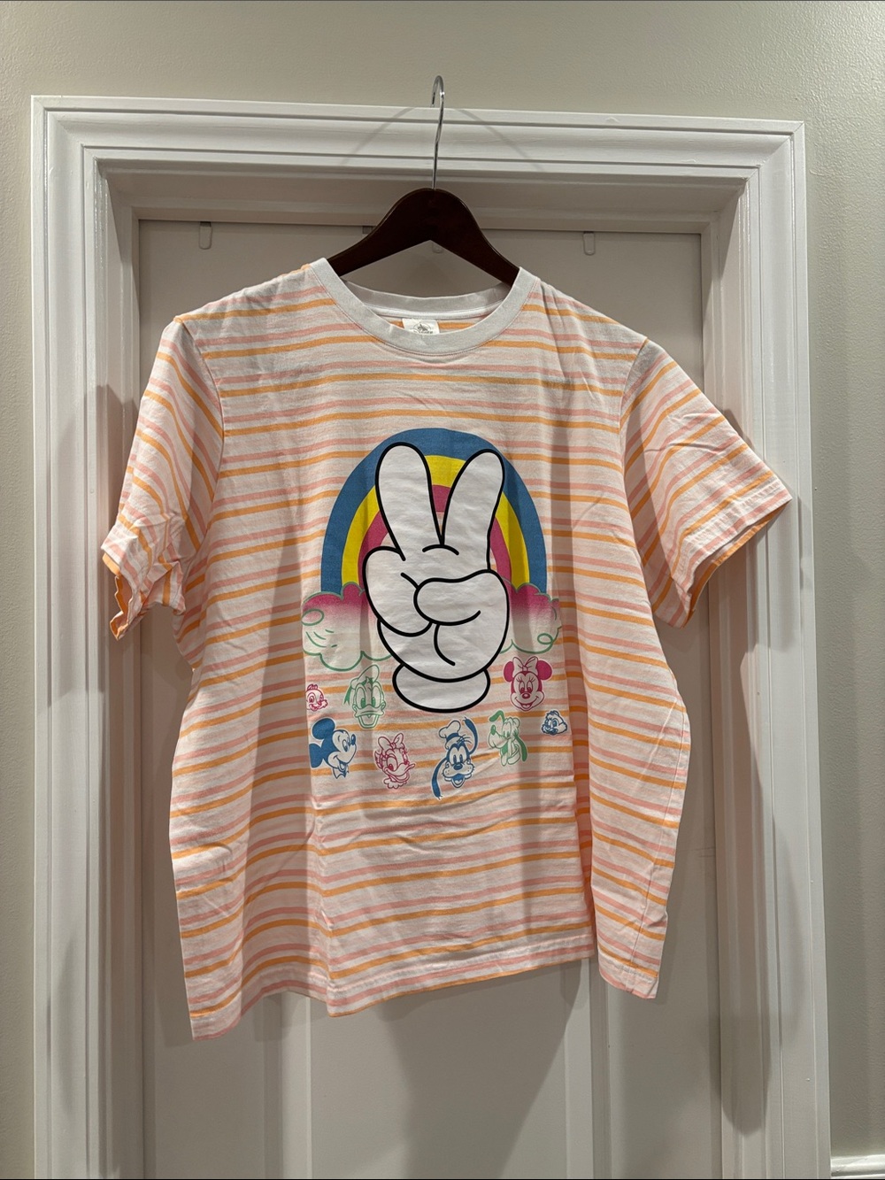 Disney Peach Stripe Tee with Rainbow Peace Graphic
